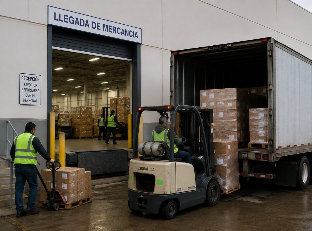 Cargo being received at a distribution center loading dock in Mexico