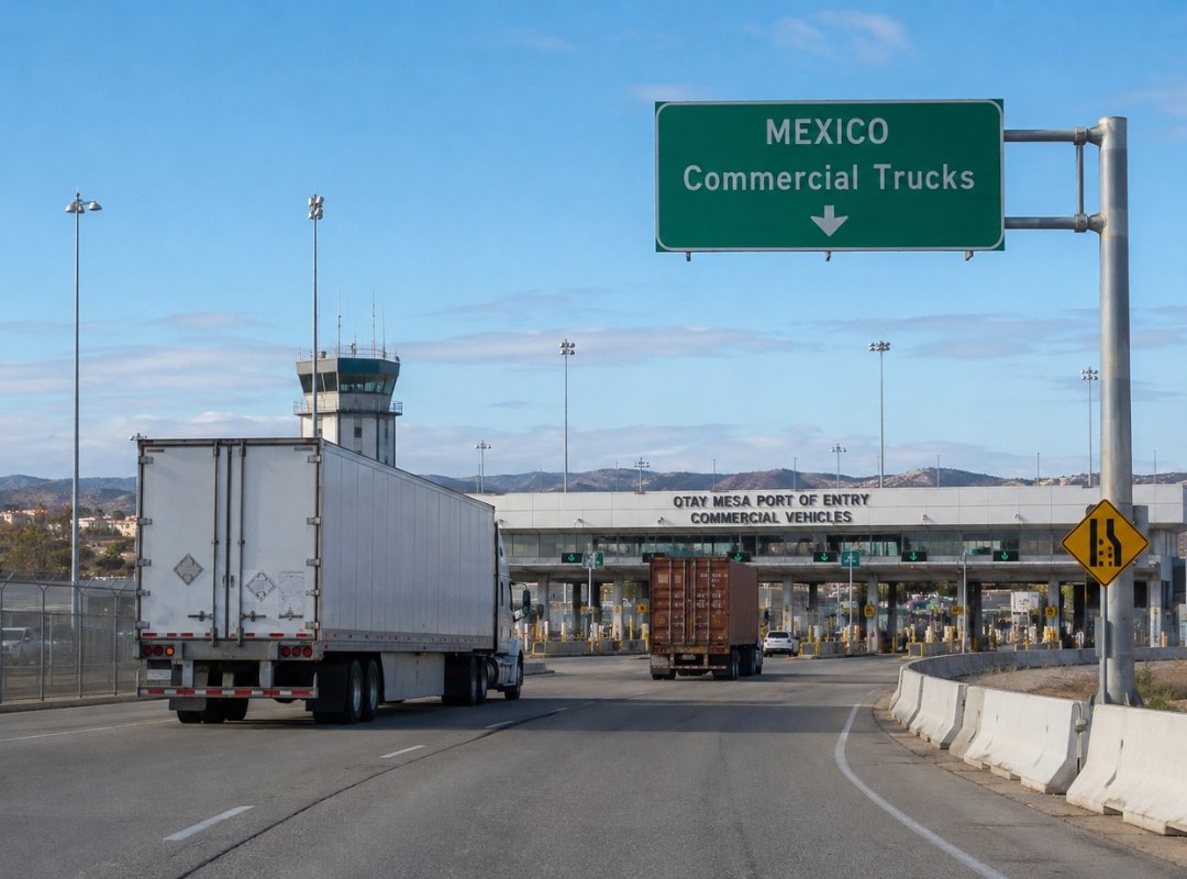 Trucks queued at the Mexican customs inspection area at the Otay Mesa port of entry