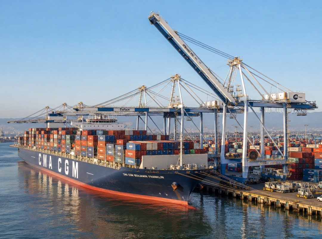 Ocean container vessel being unloaded at a Southern California port terminal