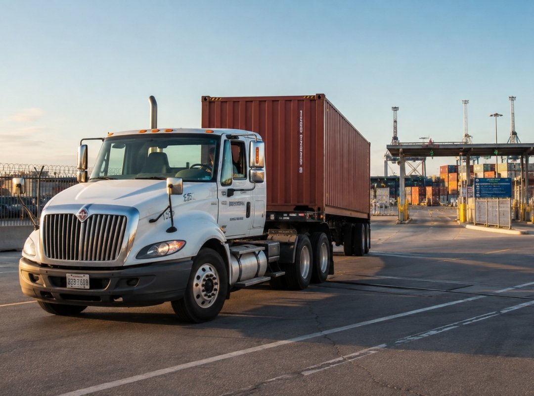 Drayage truck pulling a container chassis out of a port terminal gate