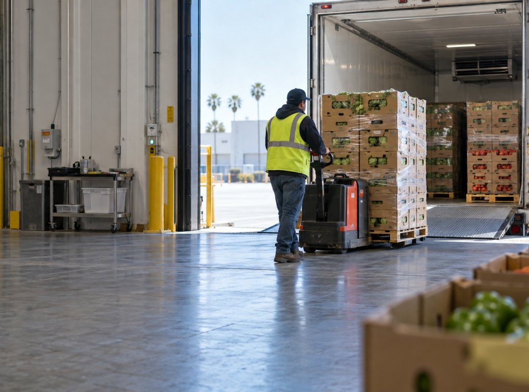 Refrigerated trailer arriving with fresh produce at the IEL San Diego facility