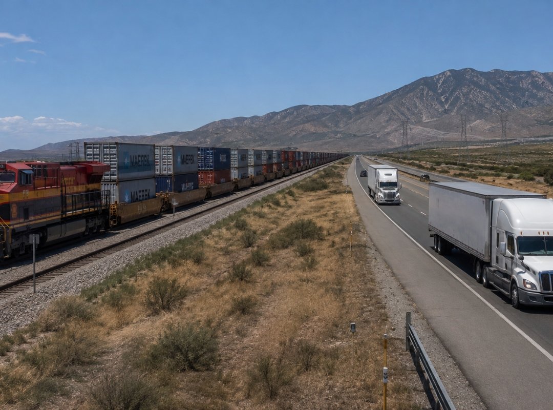 Freight train and long-haul trucks moving cargo through northern Mexico