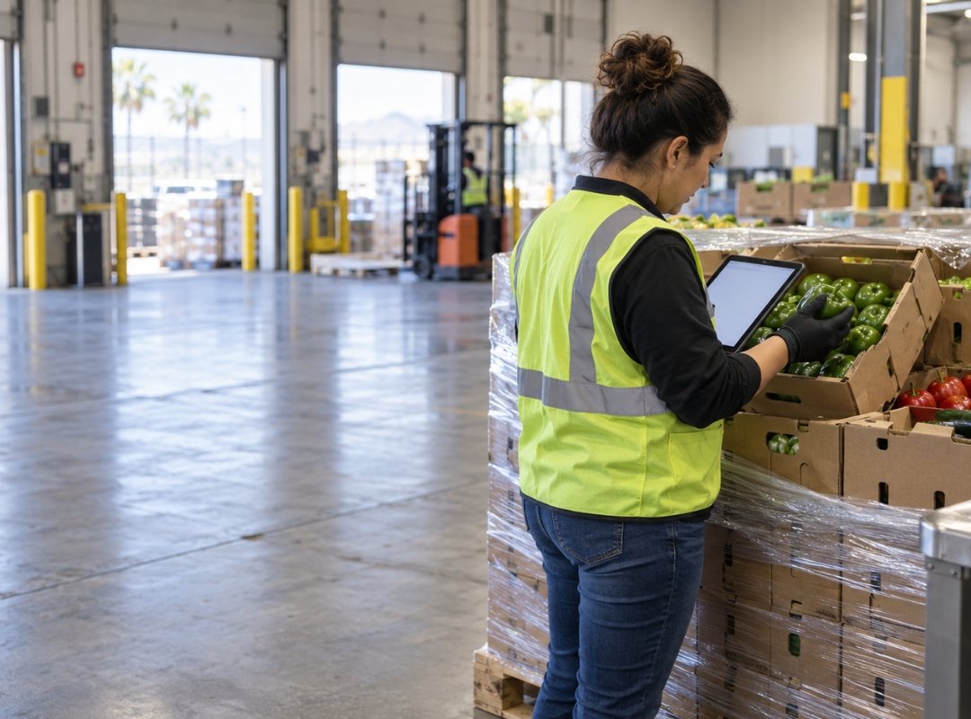 Pallets of fresh produce being unloaded and inspected at the receiving dock
