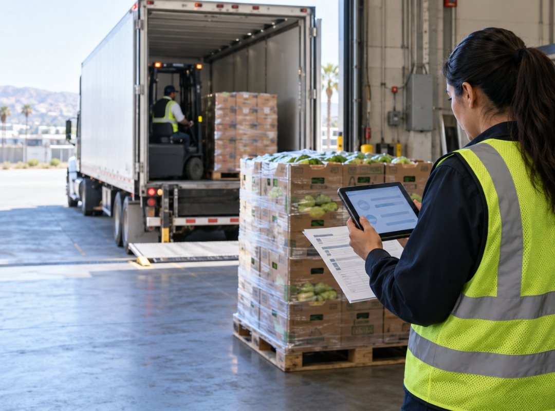 Refrigerated trucks being loaded for outbound produce distribution