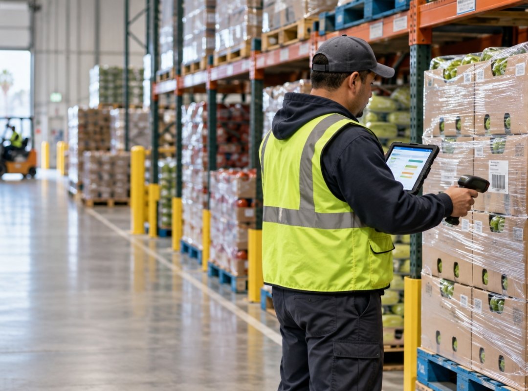 Warehouse staff tracking produce inventory quantities and product movement