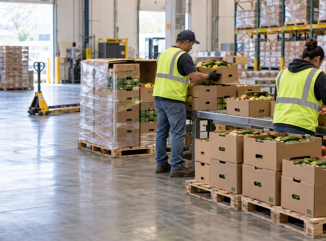 Produce pallets being broken down and reconfigured inside the IEL warehouse
